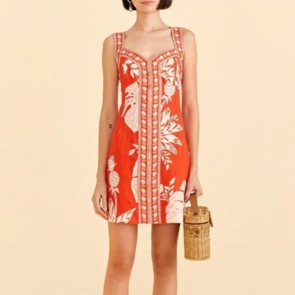 FARM Rio lace linen mini dress, orange monsteras - Picture 1 of 5